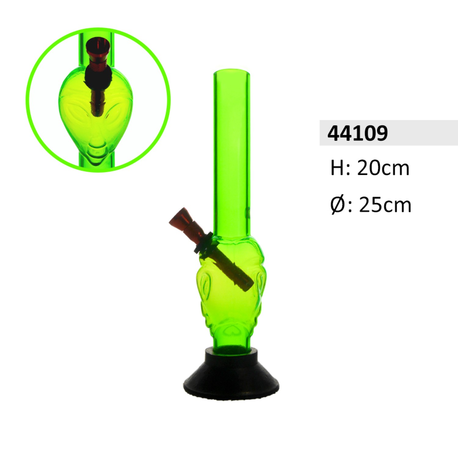 Acrylbong Grüne mit Alien-Form und Gummifuß, ca. 25 mm Ø, 20 cm hoch