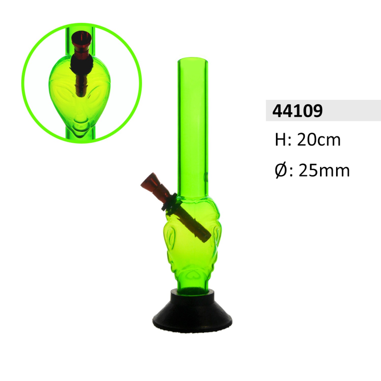 Acrylbong Grüne mit Alien-Form und Gummifuß, ca. 25 mm Ø, 20 cm hoch