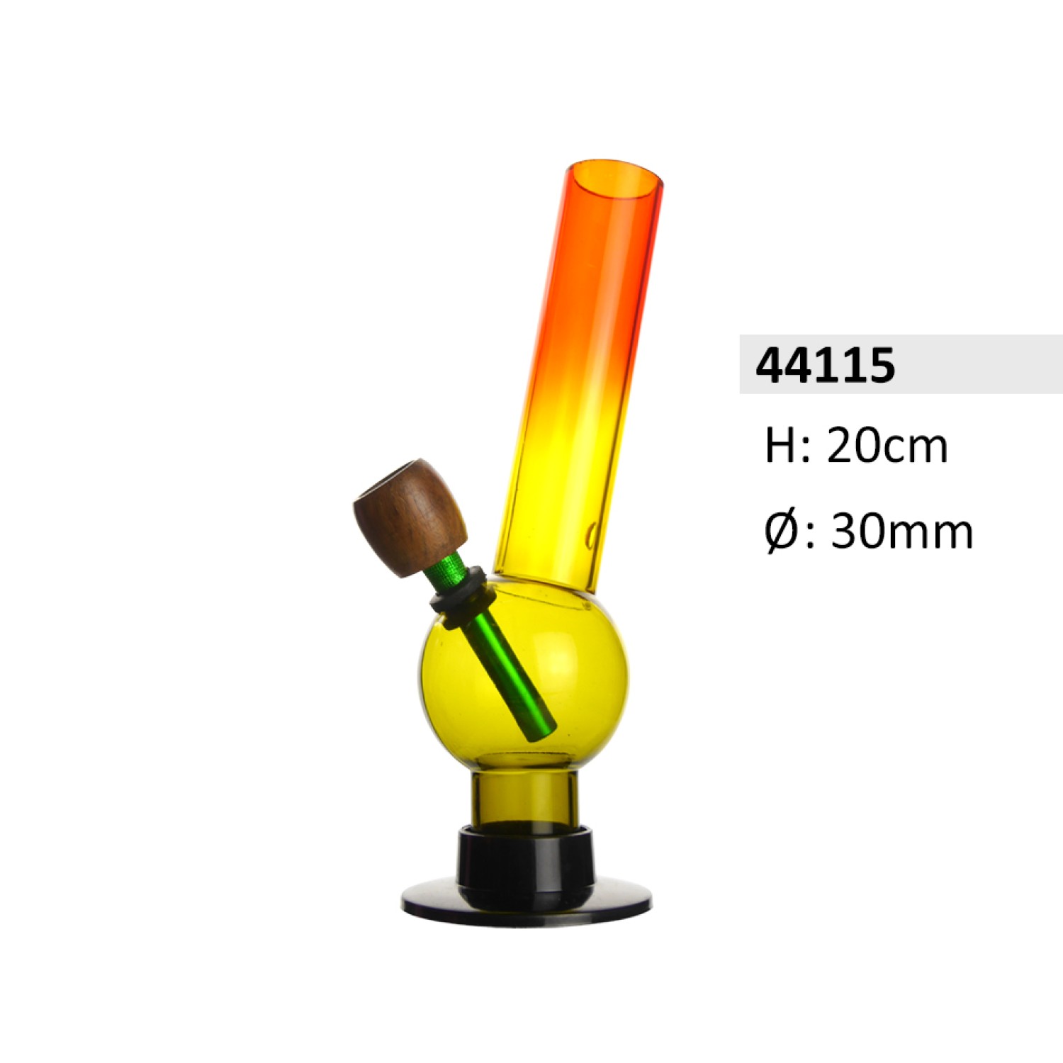 Acrylbong gebogen "Rasta" mit Kugel & Holzkopf – Ø 30 mm, Höhe ca. 20 cm