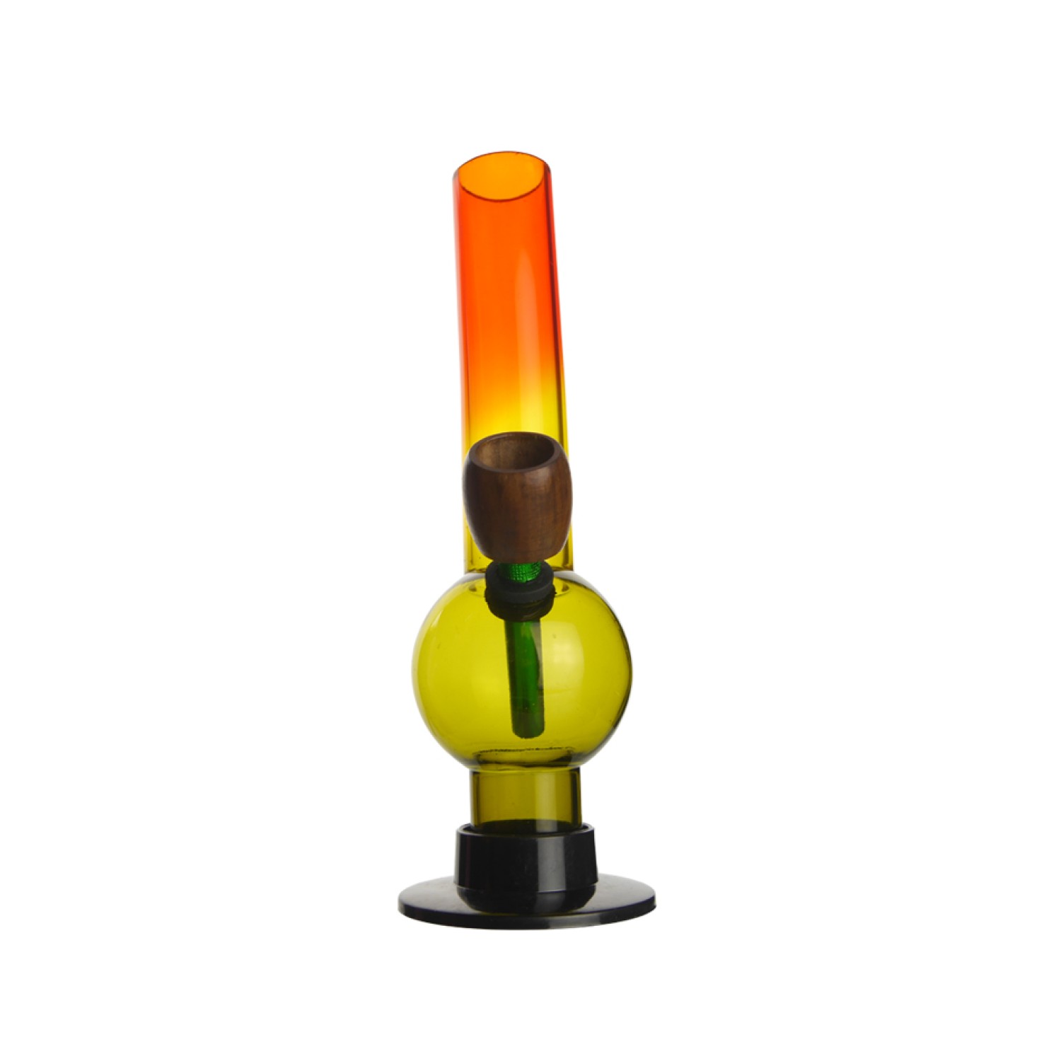 Acrylbong gebogen "Rasta" mit Kugel & Holzkopf – Ø 30 mm, Höhe ca. 20 cm