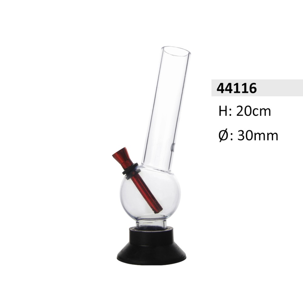 Acryl-Bong, gebogen, transparent, mit gebogener Kugel und Gummifuß, ca. Ø: 30 mm, H: 20 cm