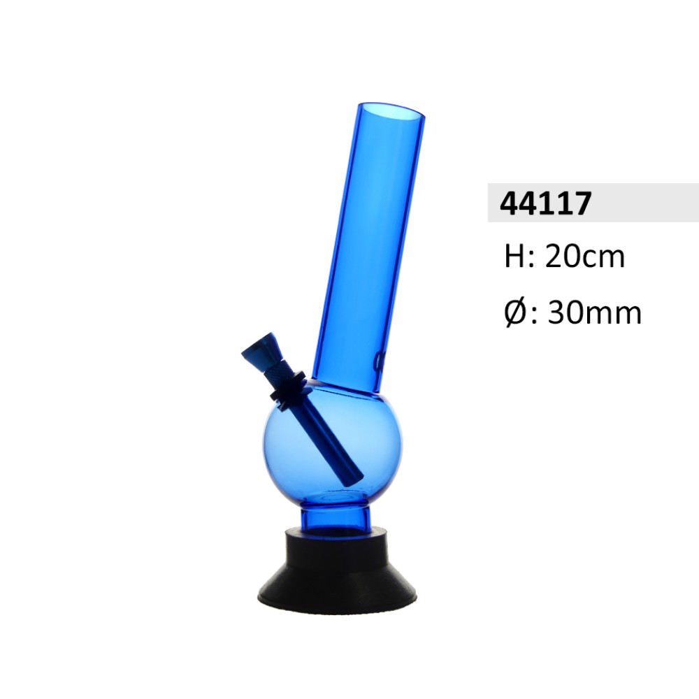 Acryl-Bong, gebogen, blau, mit gebogener Kugel und Gummifuß, ca. Ø: 30 mm, H: 20 cm