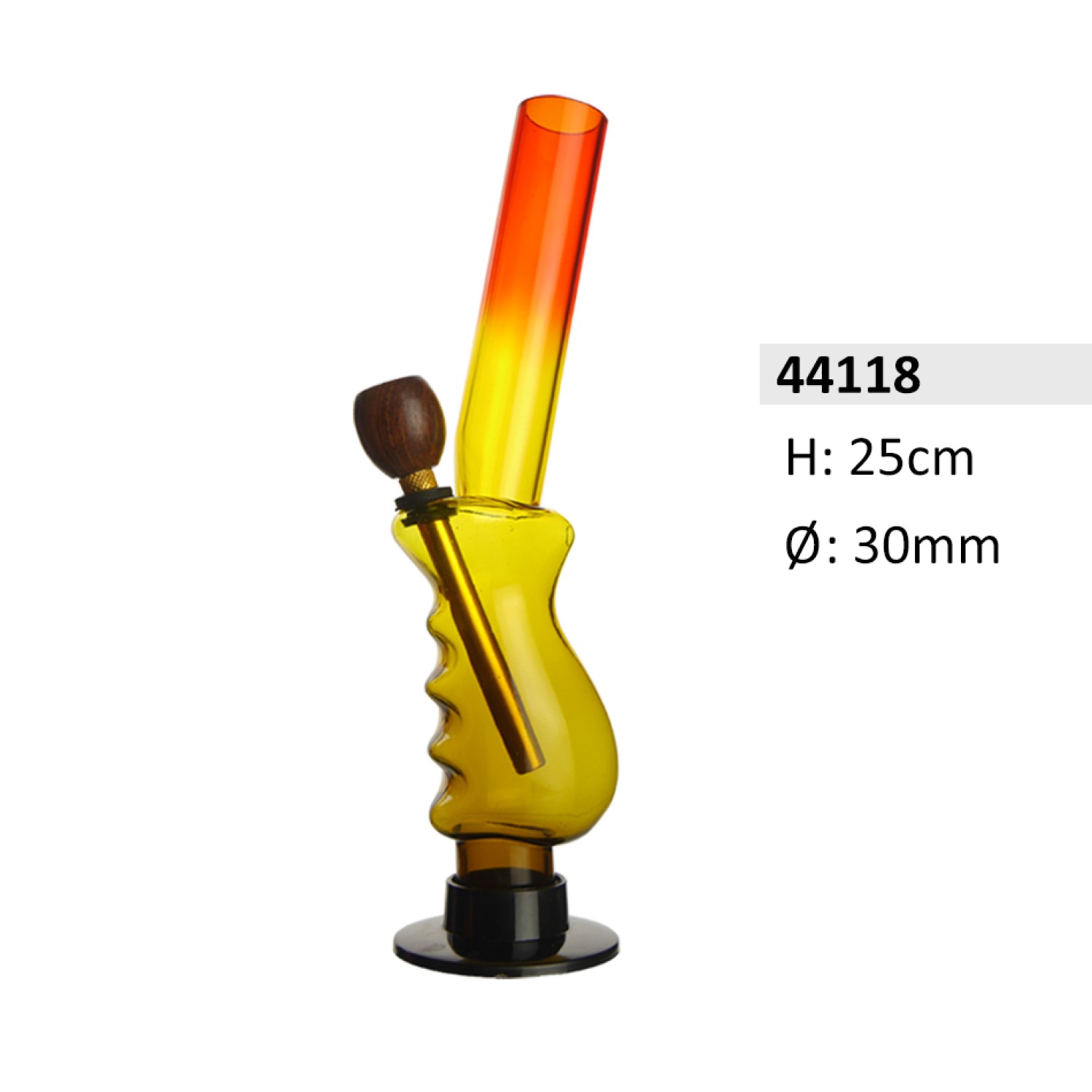 Acrylbong gebogen "Rasta" mit Handgriff und Holzkopf – Ø 30 mm, Höhe ca. 25 cm