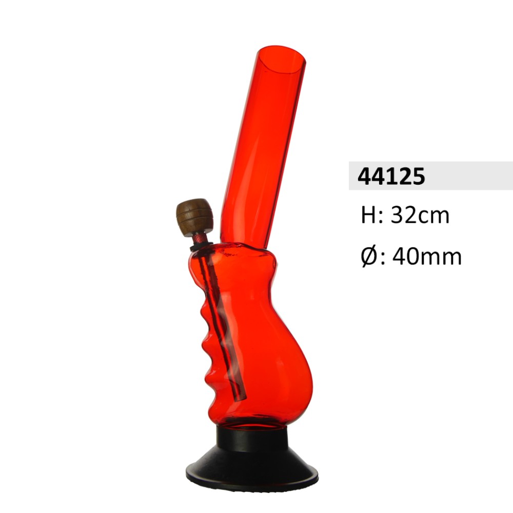 Acryl-Bong, gebogen, Rot, mit Handgriff und Holzkopf, ca. Ø: 40 mm, H: 32 cm