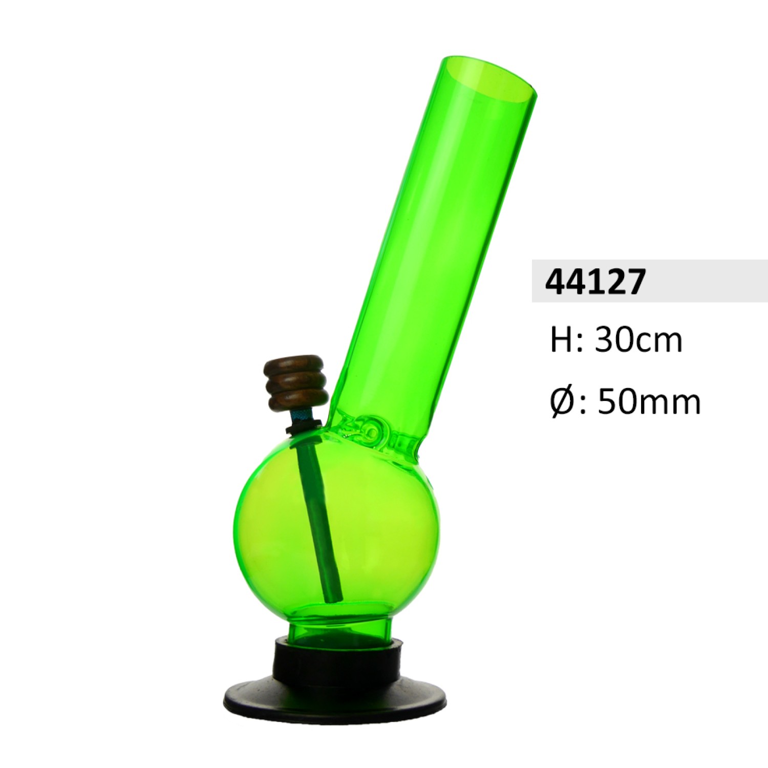 Acryl Ice Bong Grün Gebogene mit Kugel & Holz Kopf, ca. Ø: 50 mm, H: 30 cm