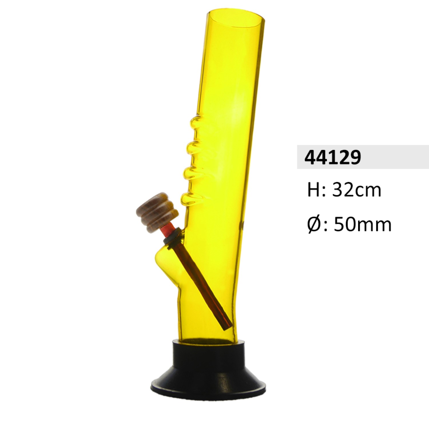 Acrylbong Gelb Gebogene mit Handgriff & Holzkopf, ca. Ø: 50 mm, H: 32 cm