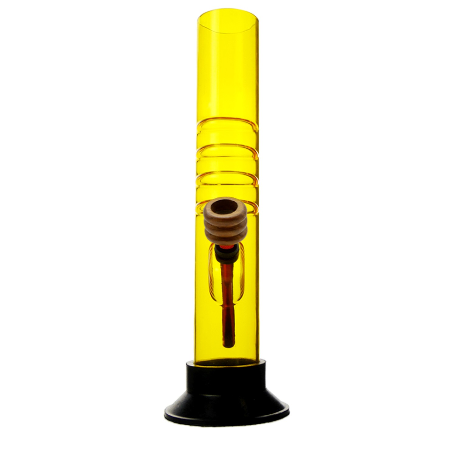 Acrylbong Gelb Gebogene mit Handgriff & Holzkopf, ca. Ø: 50 mm, H: 32 cm