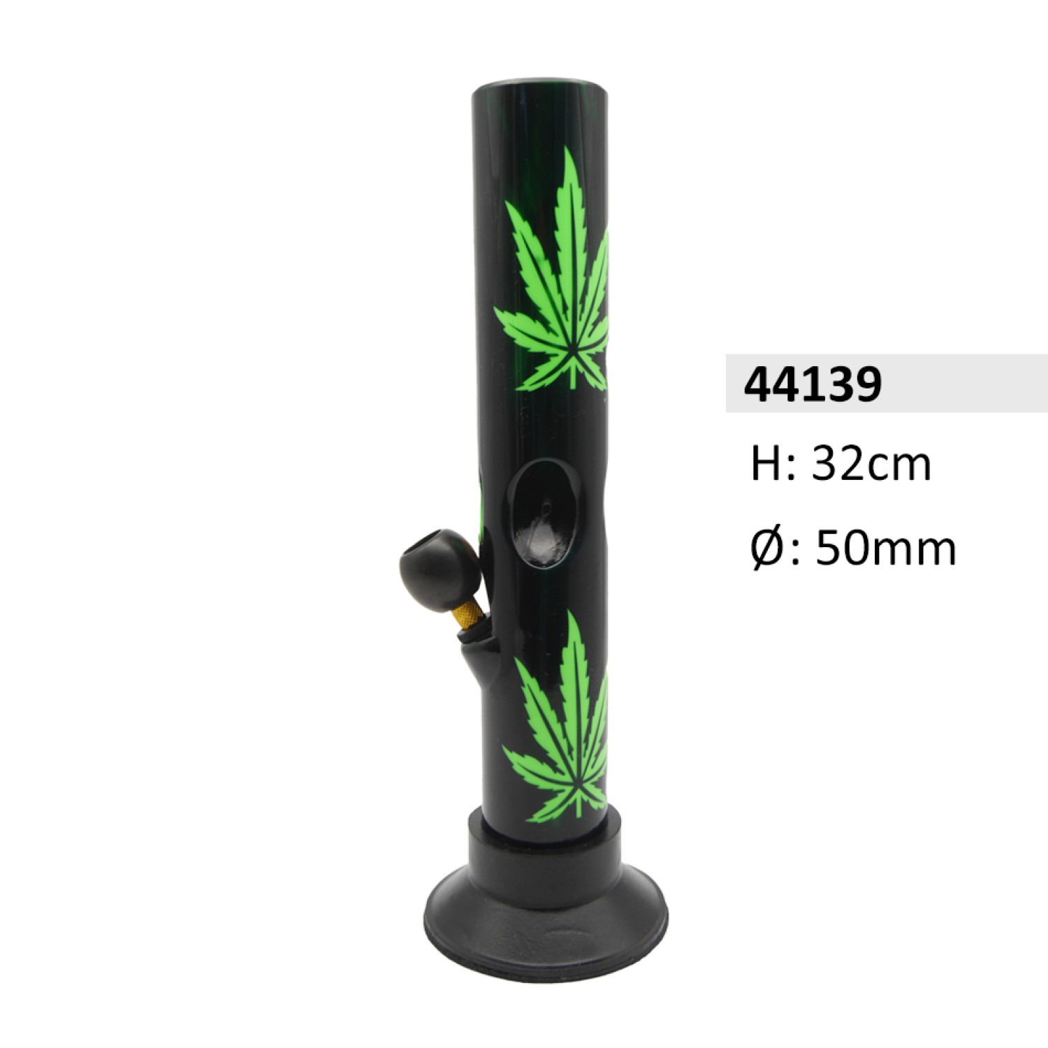 Acryl Ice Bong Gerade Schwarz mit Grüne Blätter & Holzkopf, ca. Ø: 50 mm, H: 32 cm