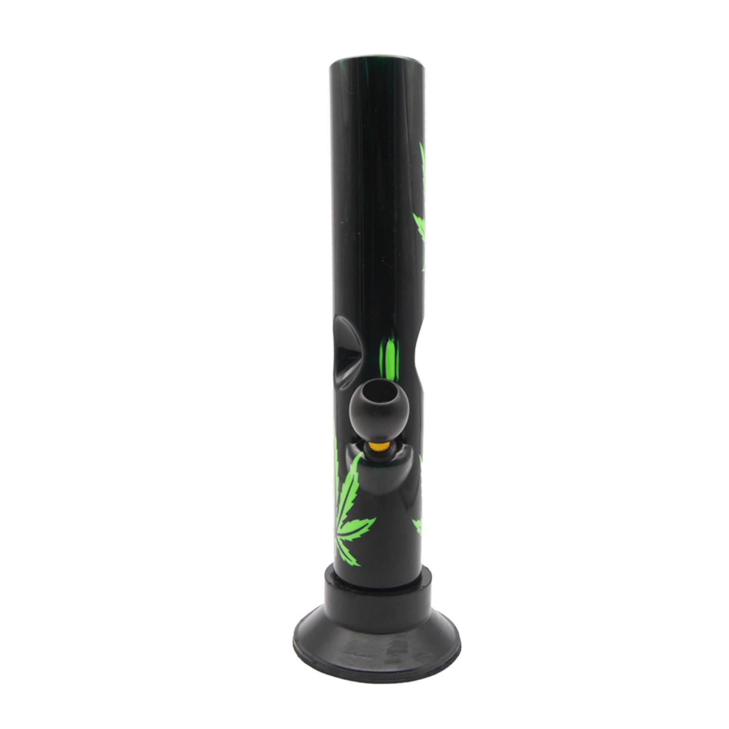 Acryl Ice Bong Gerade Schwarz mit Grüne Blätter & Holzkopf, ca. Ø: 50 mm, H: 32 cm