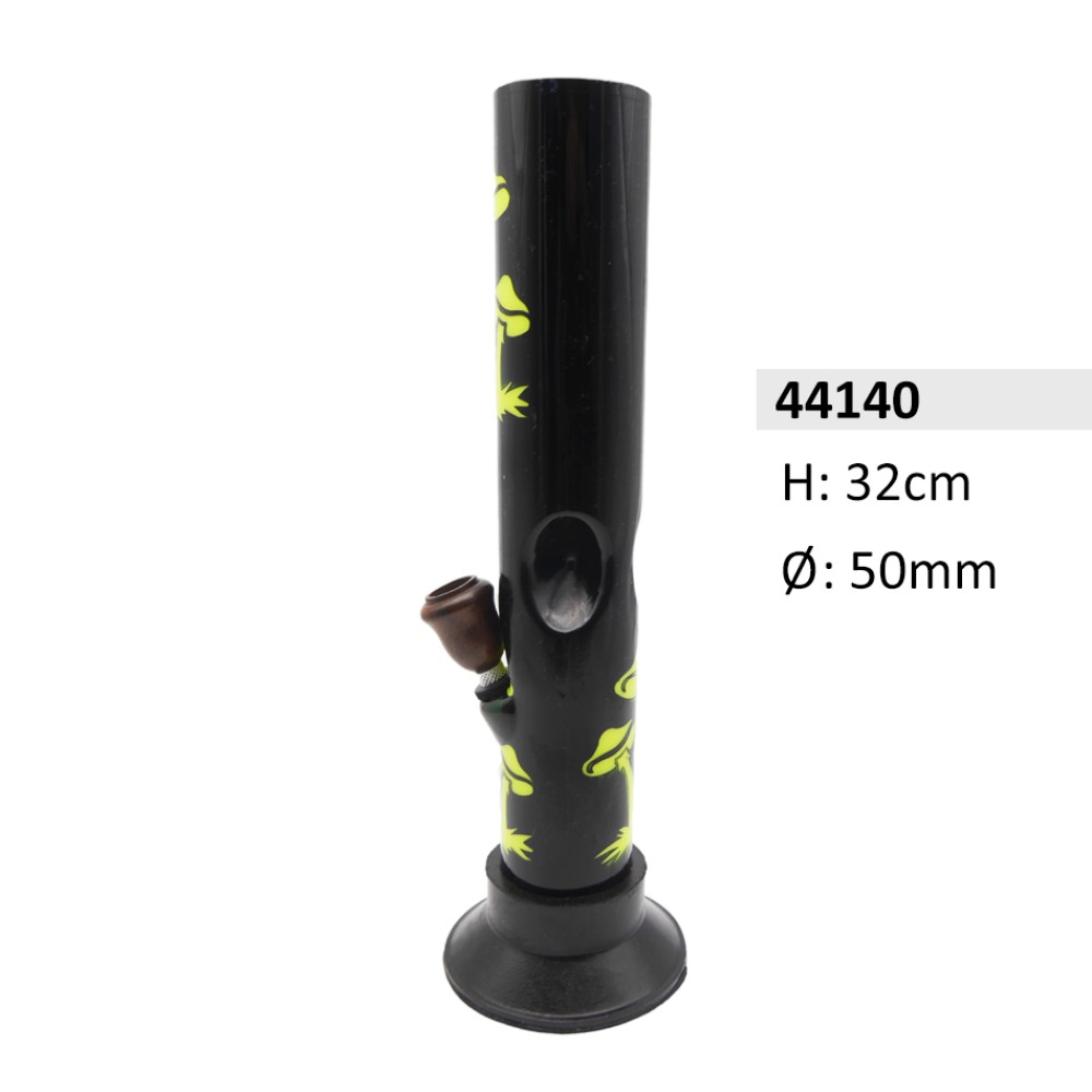 Acryl Ice Bong Gerade Schwarz mit Pilz Motiven & Holzkopf , ca. Ø: 50 mm, H: 32 cm