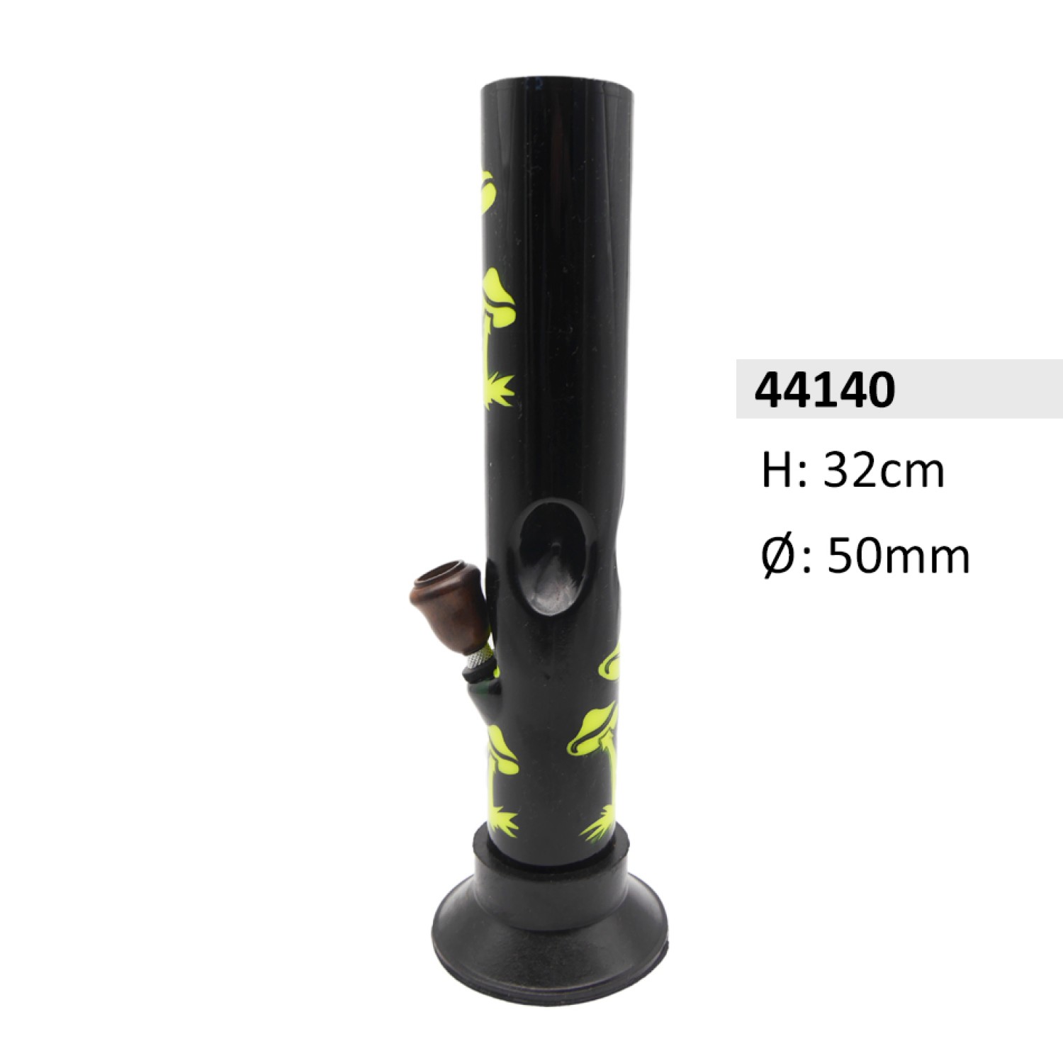 Acryl Ice Bong Gerade Schwarz mit Pilz Motiven & Holzkopf , ca. Ø: 50 mm, H: 32 cm