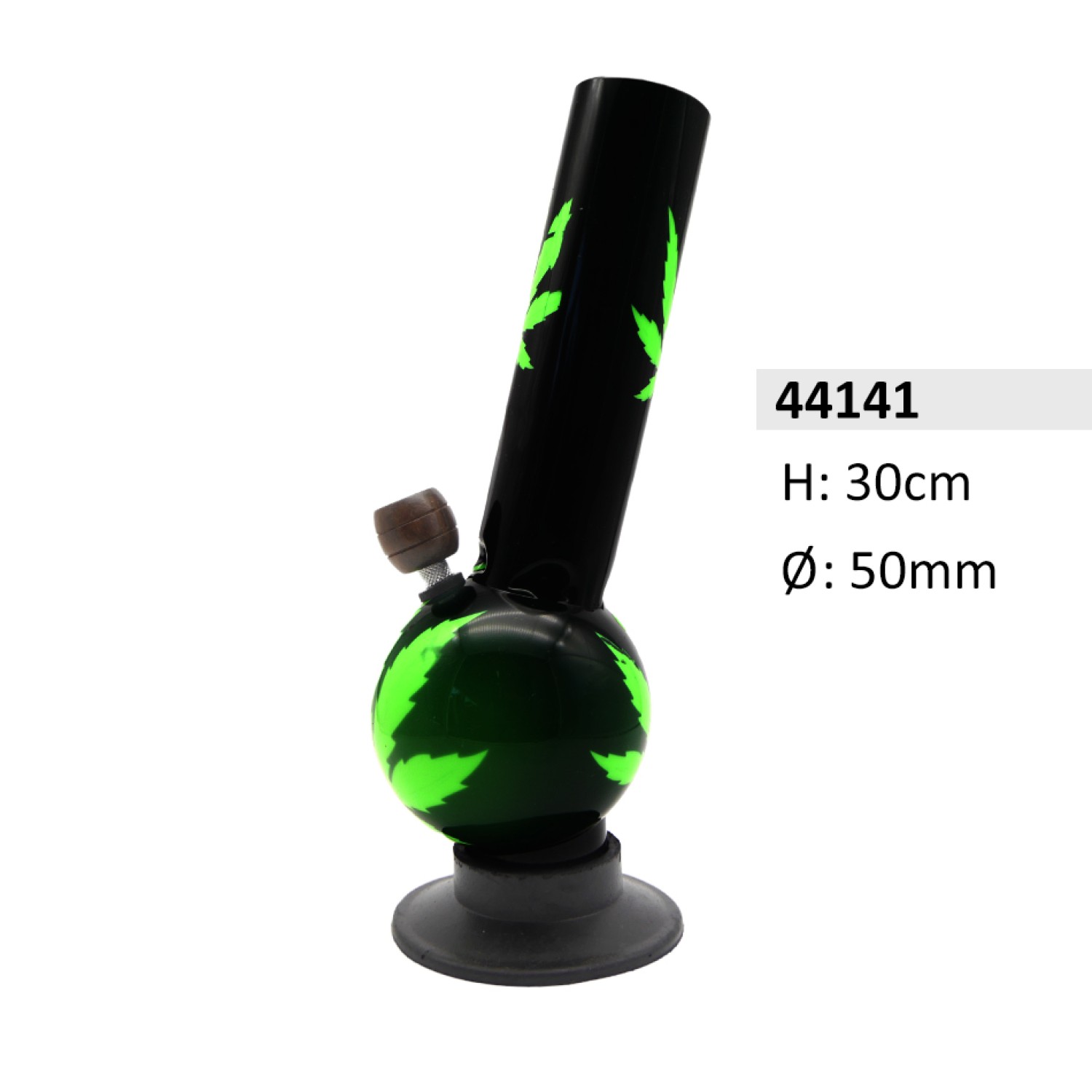 Acryl Ice Bong Gebogene Schwarz mit Bauch & Grüne Blätter + Holzkopf , ca. Ø: 50 mm, H: 30 cm