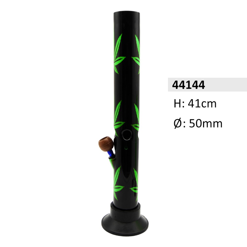 Acryl Ice Bong Gerade Schwarz mit Pilz Motiven & Holzkopf , ca. Ø: 50 mm, H: 41 cm