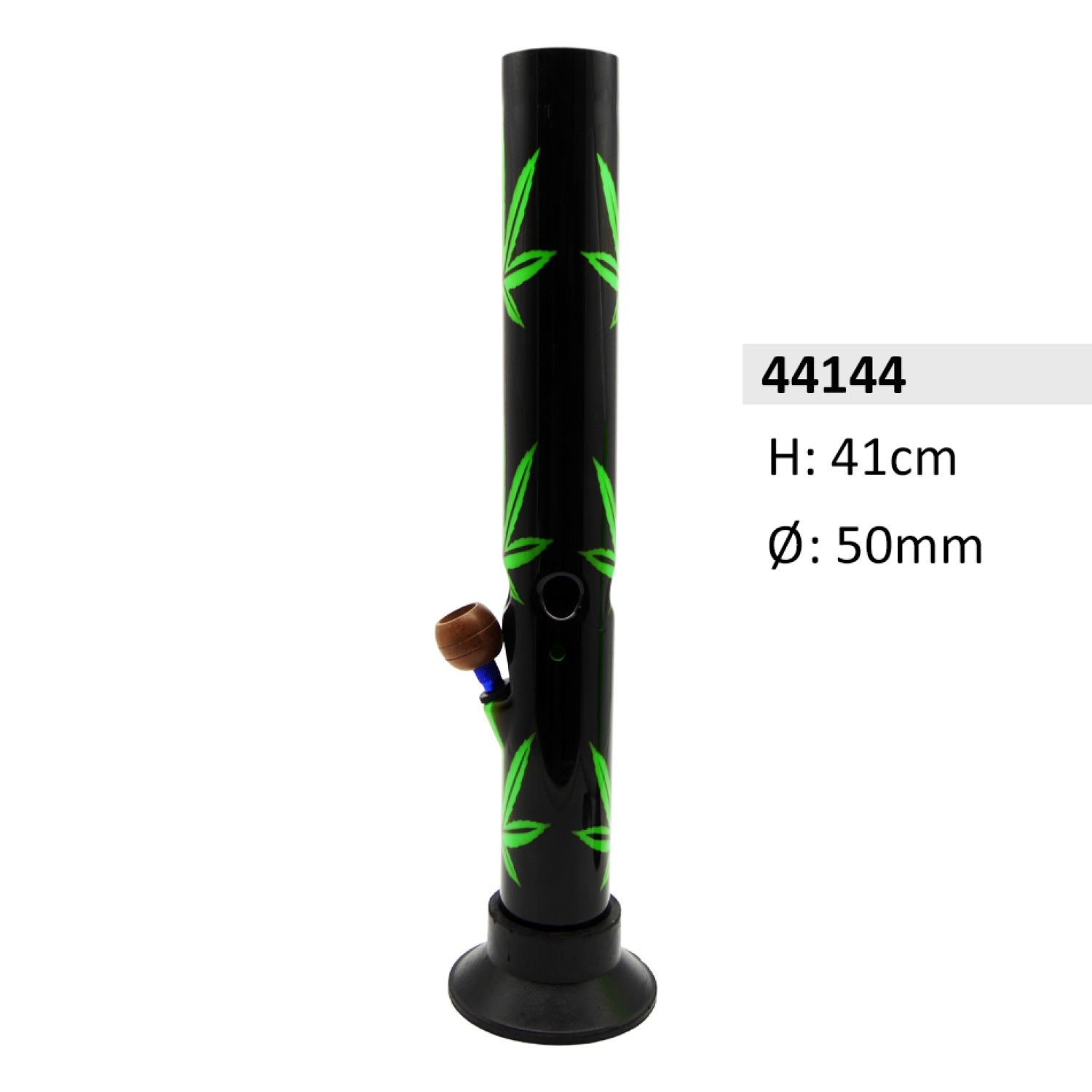 Acryl Ice Bong Gerade Schwarz mit Pilz Motiven & Holzkopf , ca. Ø: 50 mm, H: 41 cm