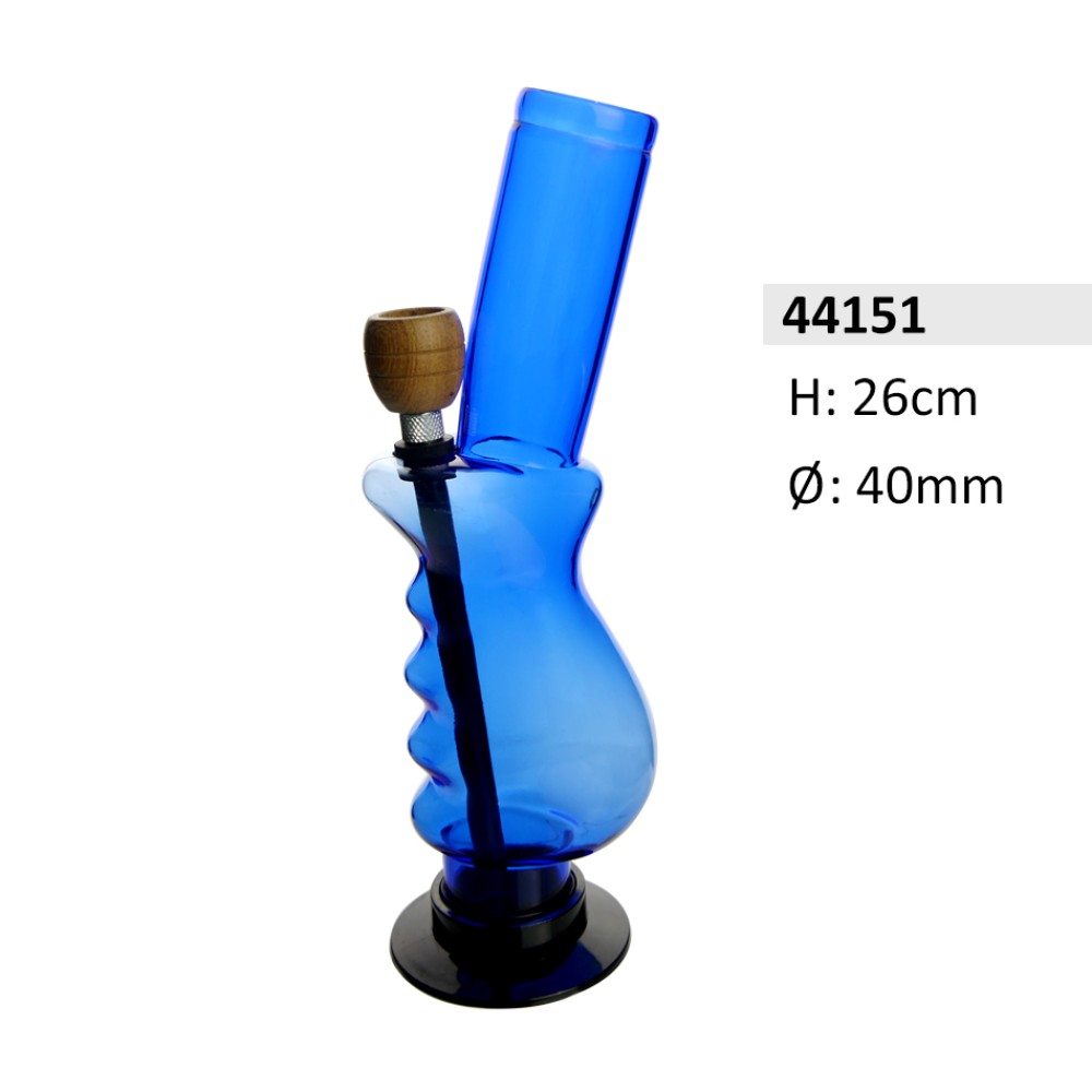 Acryl-Bong mit gebogenem Griff, kugelförmig, mit Holzkopf, blau, ca. Ø 40 mm, H: 26 cm