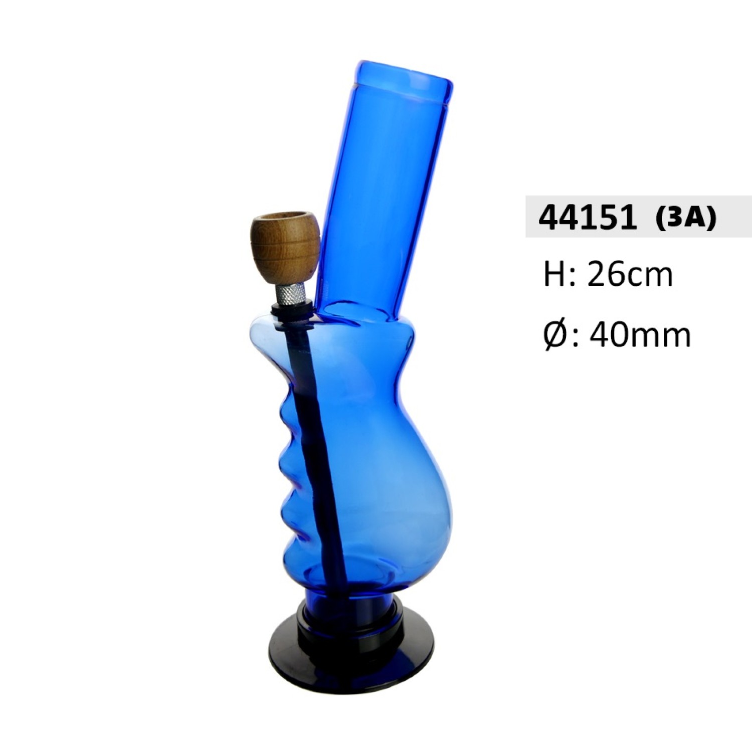Acryl-Bong mit gebogenem Griff, kugelförmig, mit Holzkopf, blau, ca. Ø 40 mm, H: 26 cm