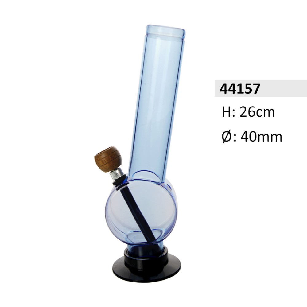 Acryl-Bong mit gebogenem mit Trommel Bauch, mit Holzkopf, Hell blau, ca. Ø 40 mm, H: 26 cm