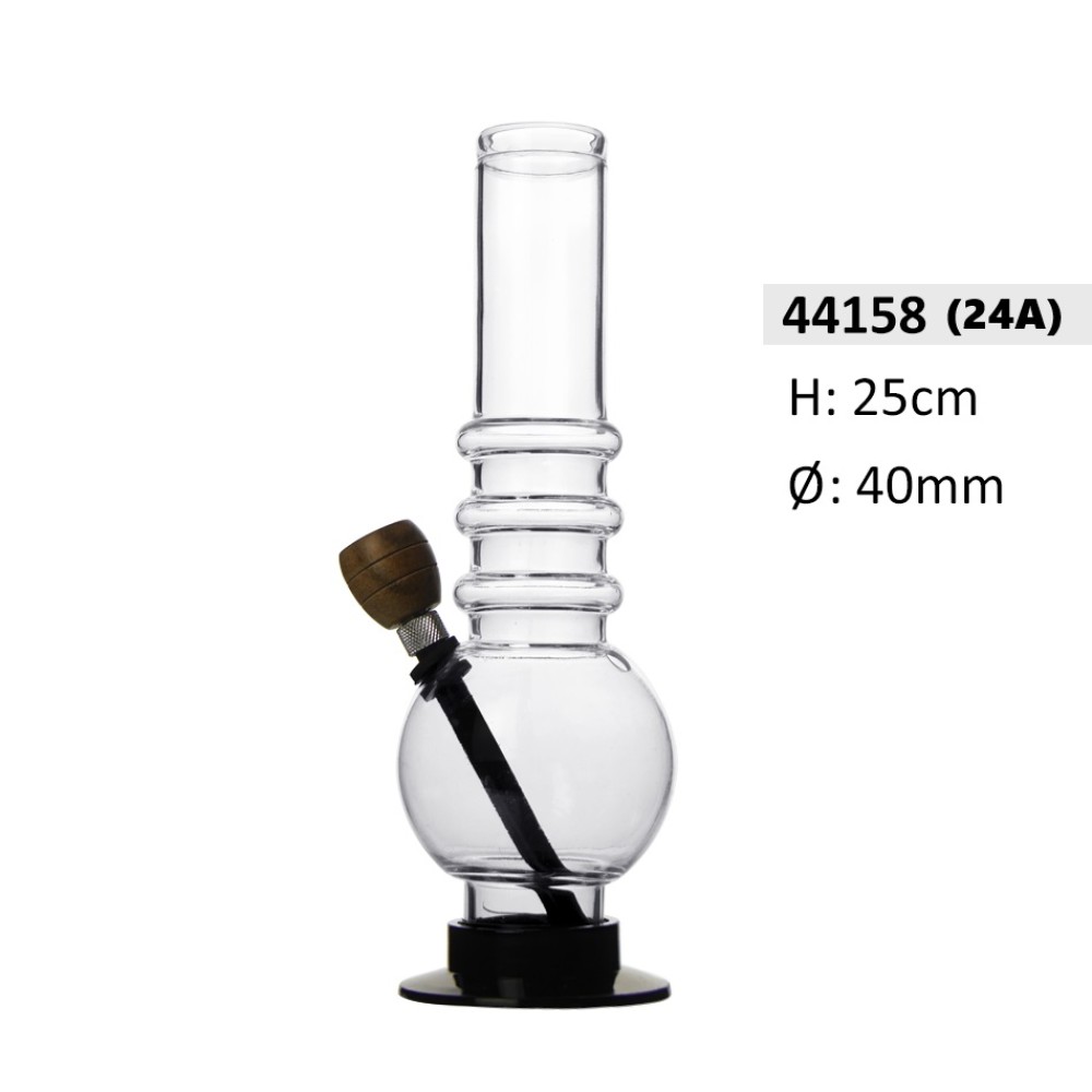 Acrylbong Klare gerade mit Bauch & 3 Ringe & mit Holz Kopf ca. Ø40mm, Hoch: 25cm 