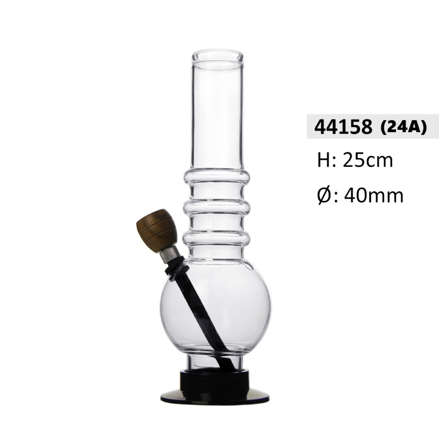 Acrylbong Klare gerade mit Bauch & 3 Ringe & mit Holz Kopf ca. Ø40mm, Hoch: 25cm 