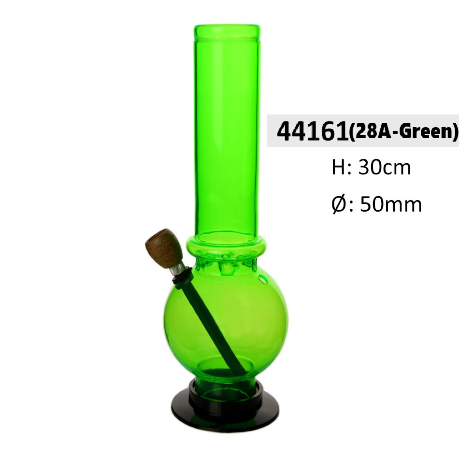 Acrylbong Grün gerade mit Kugel & 1 Ringe & mit Holzkopf ca. Ø: 50mm, Hoch: 30cm 