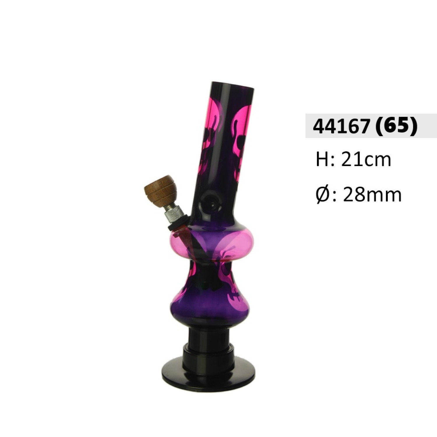 Acryl Ice bong Rosa/Schwarz mit 2 Kugel Totenkopf Motive , HolzKopf ca. Ø: 28mm , H: 21cm