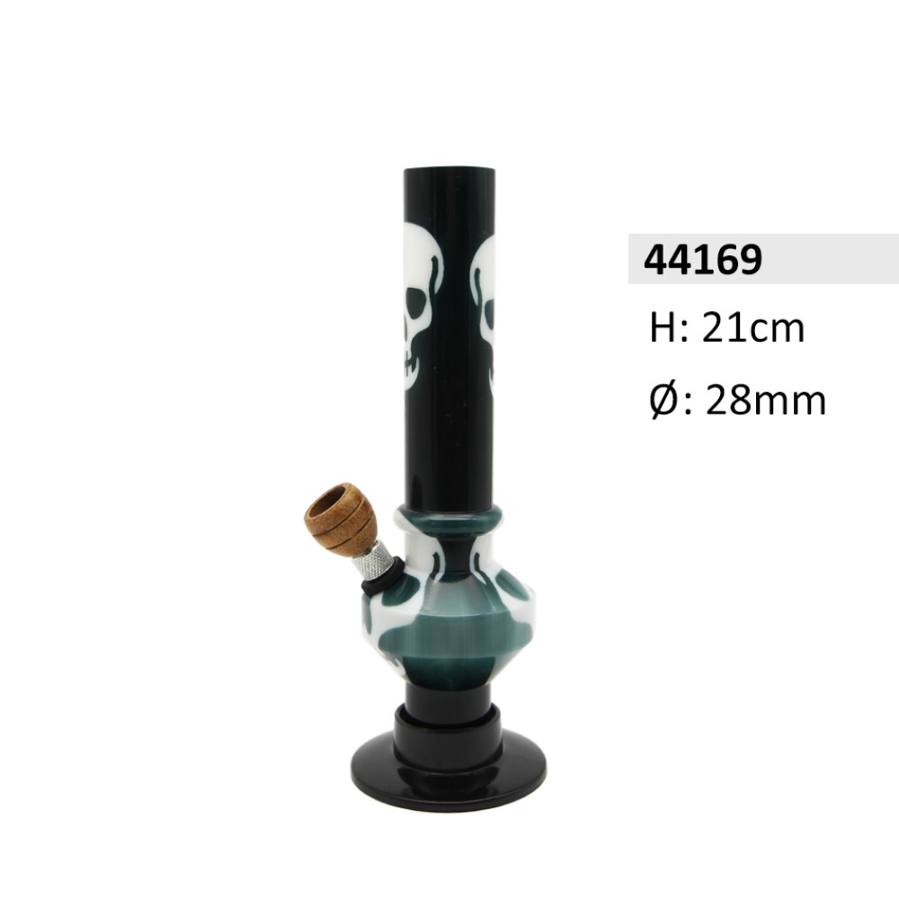 Acryl Ice bong Weiß/Schwarz mit 2 Kugel Totenkopf Motive , HolzKopf ca. Ø: 28mm , H: 21cm