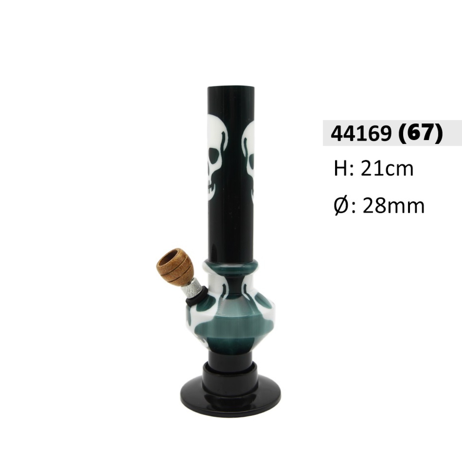 Acryl Ice bong Weiß/Schwarz mit 2 Kugel Totenkopf Motive , HolzKopf ca. Ø: 28mm , H: 21cm