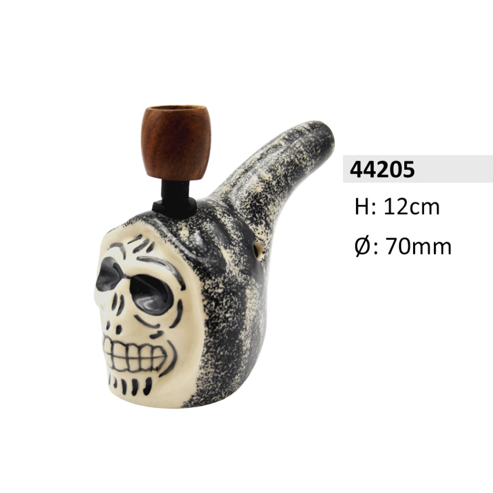 Keramik Bong Skull Form Grau / Weiß mit Holz-Kopf, ca. Ø: 70mm, H: 12cm