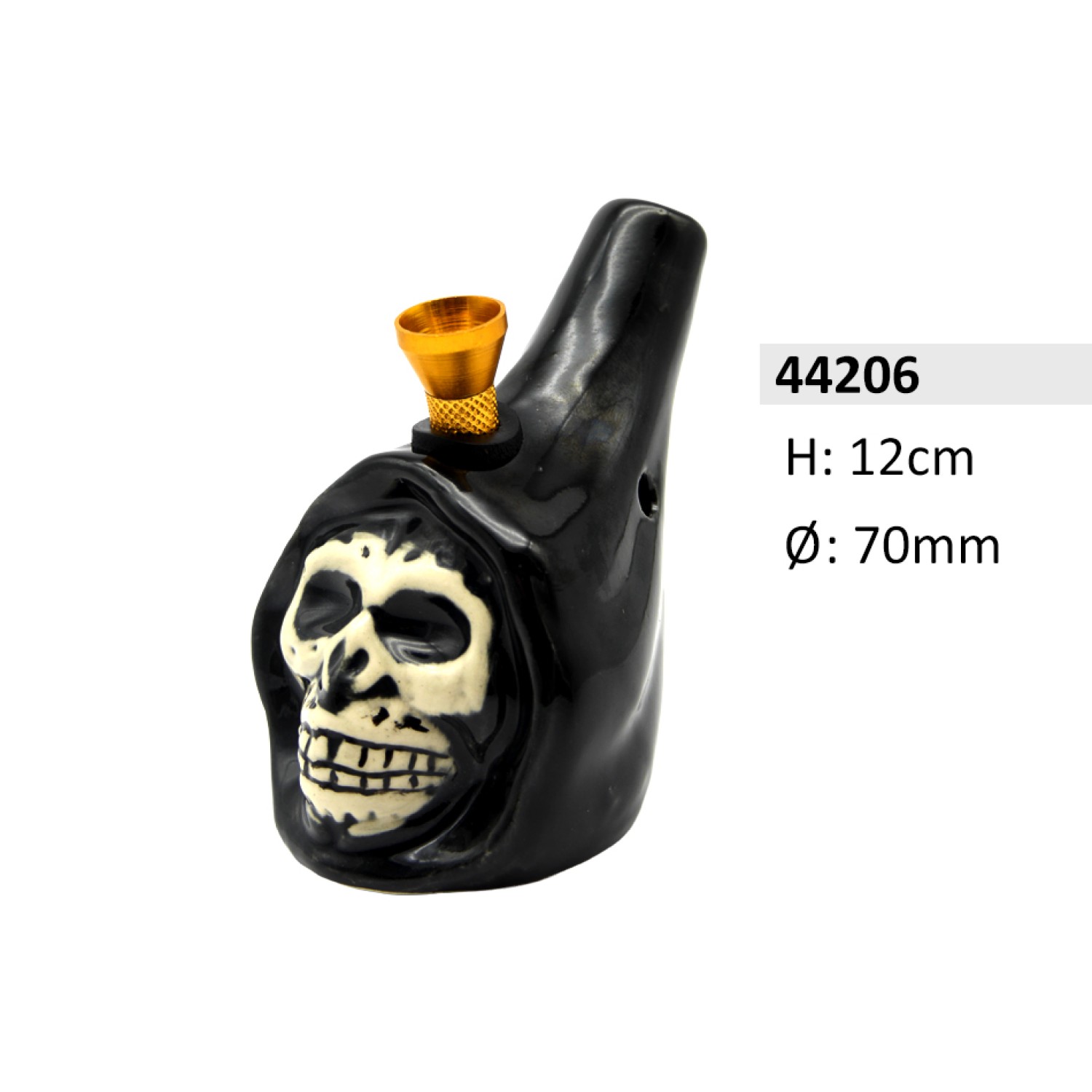 Keramik Bong Skull Form Schwarz / Weiß mit Holz-Kopf, ca. Ø: 70mm, H: 12cm