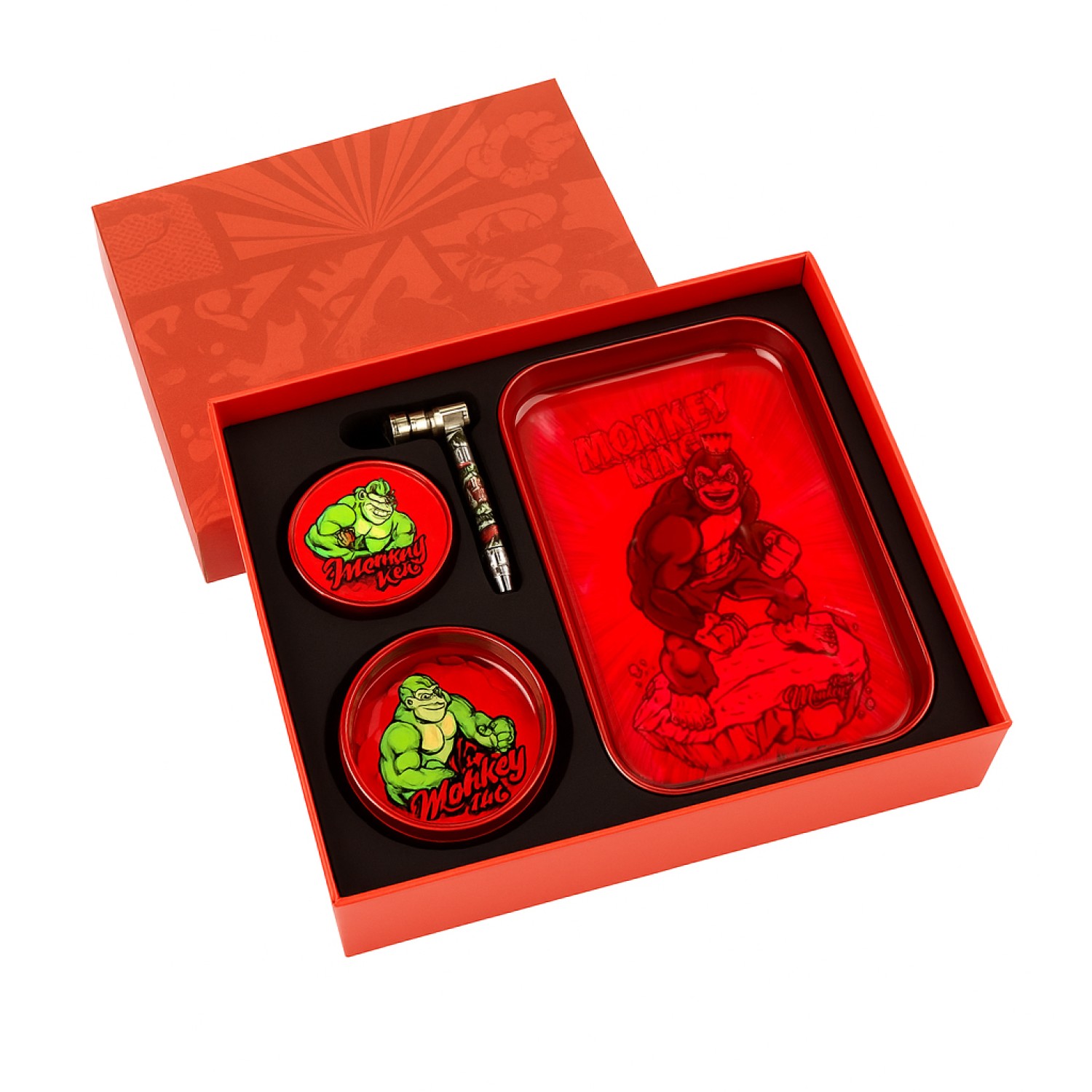 Monkey King | Acryl Grinder - 3 Teilig , Ø: 60mm | Tray 17.8x12.8cm. | Aschenbecher 9x5x3.5cm. | Pfeife - 9cm. | Rot Farbe
