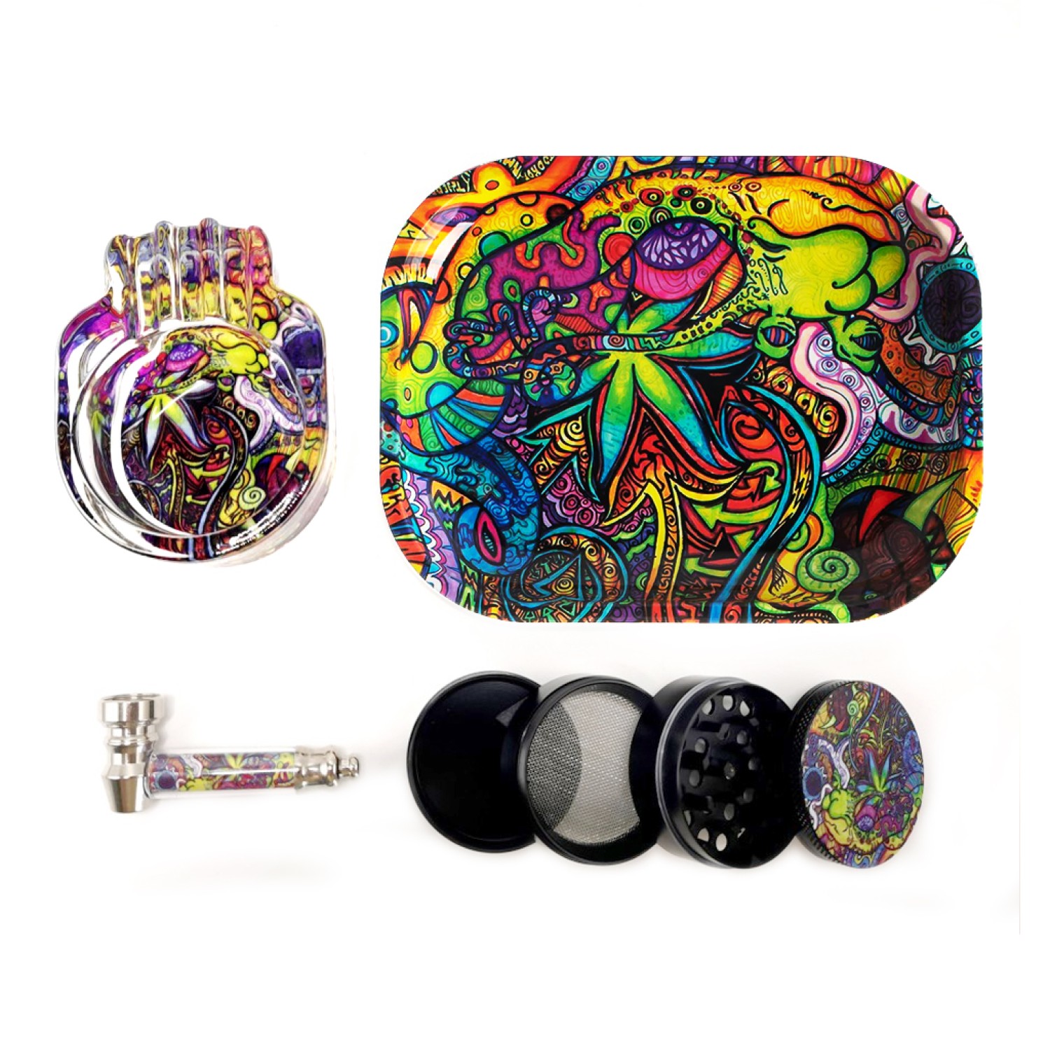 Metall Grinder 50mm mit Metall Pfeife 9cm, Aschenbecher aus Glas und Rolltablett aus Metall | 4er-Set, Graffiti-Design