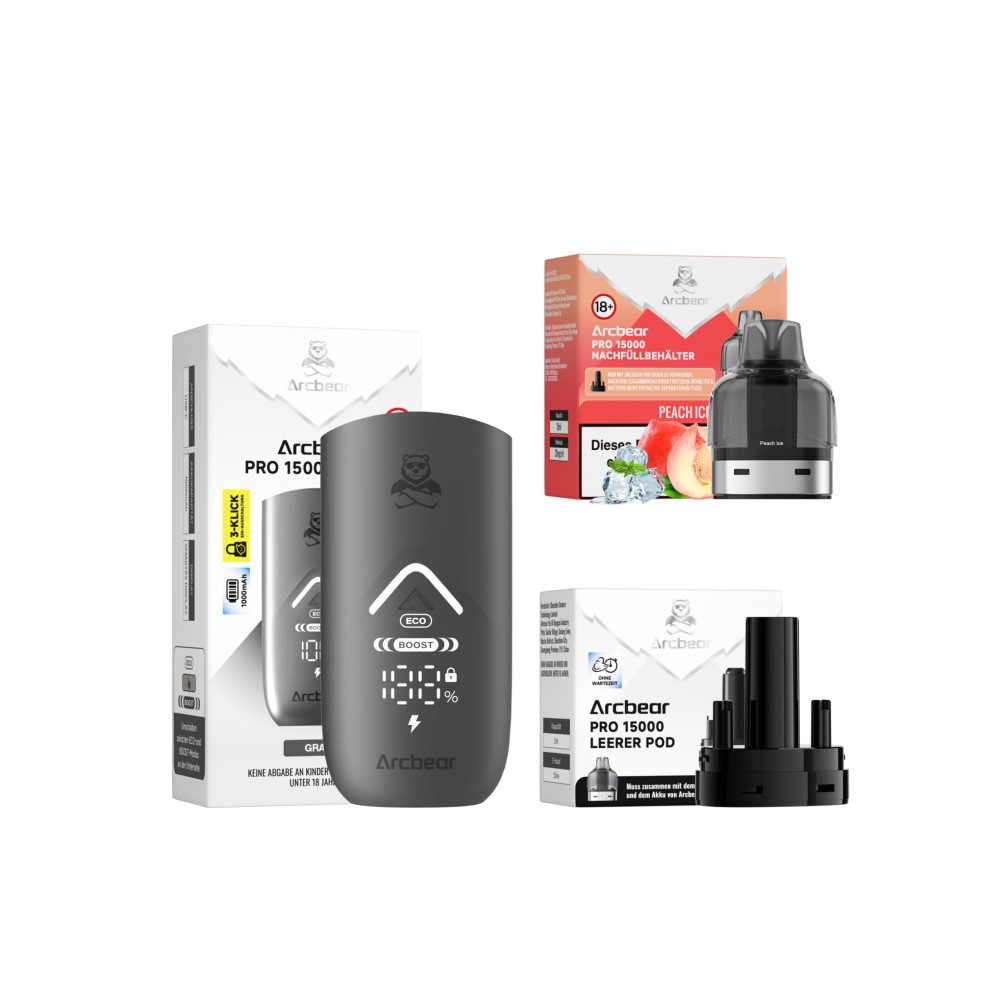 Arcbear Pro 15000 Starter-Kit Akku + Nachfüllbehälter "Peach Ice"