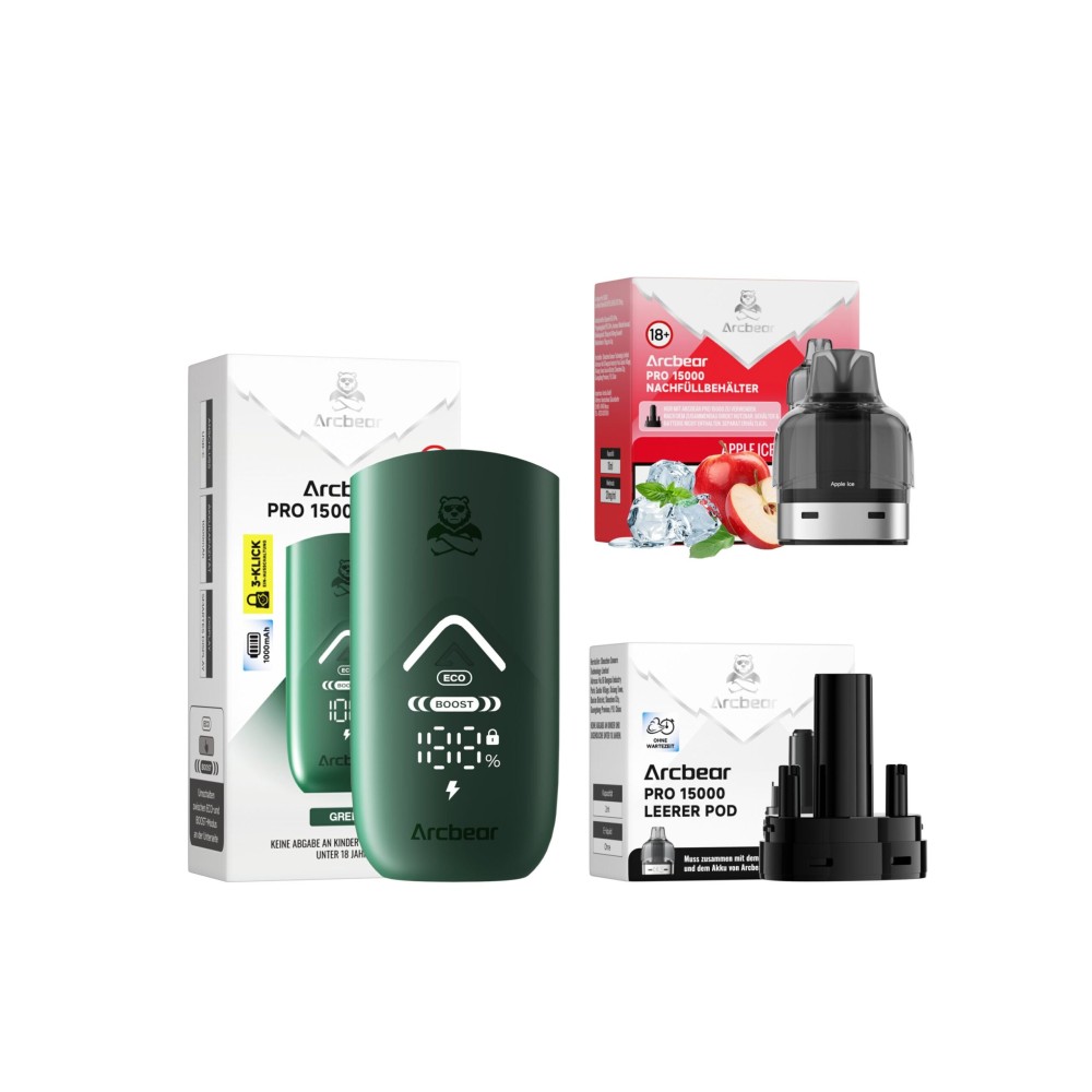 Arcbear Pro 15000 Starter-Kit Akku + Nachfüllbehälter "Apple Ice"