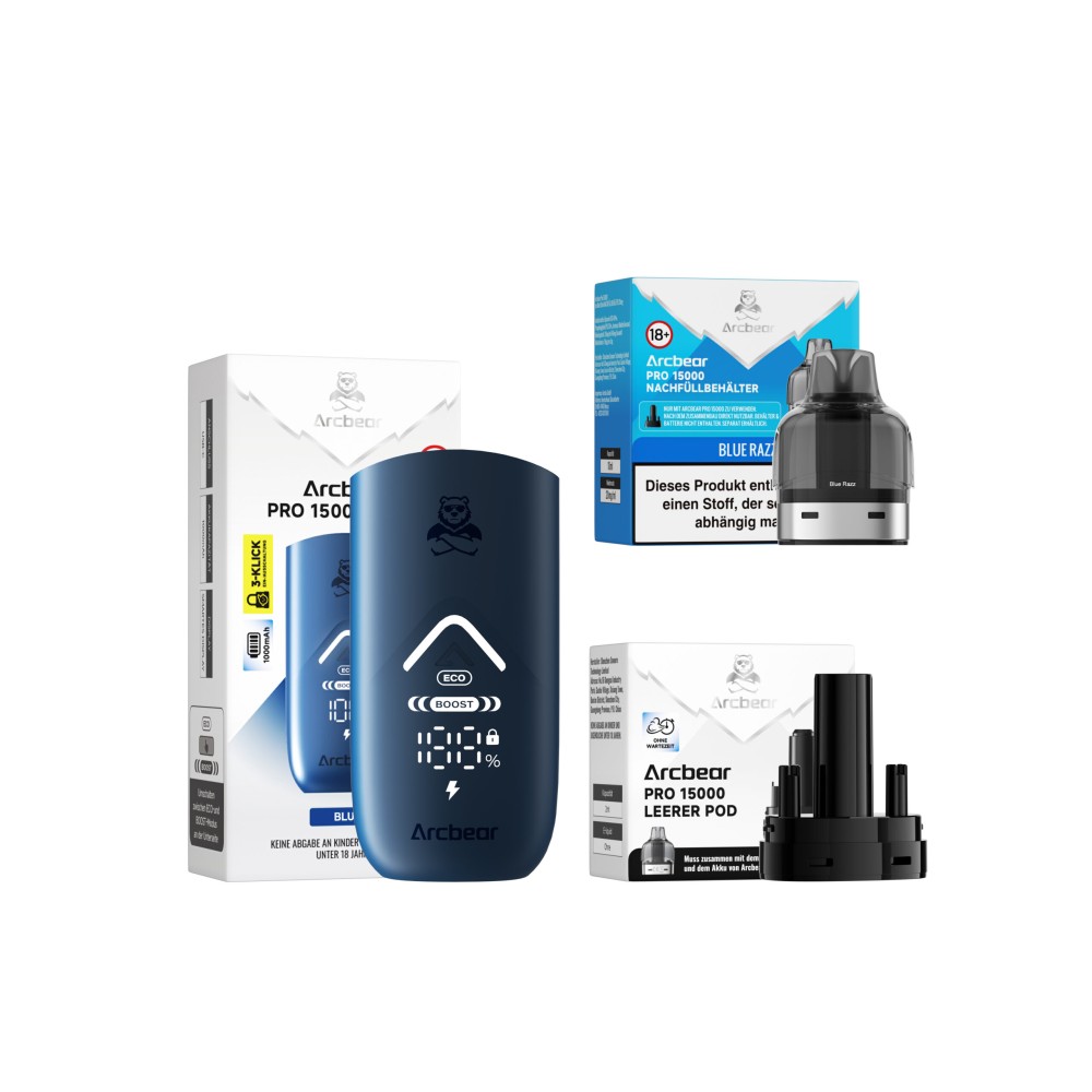 Arcbear Pro 15000 Starter-Kit Akku + Nachfüllbehälter "Blue Razz"
