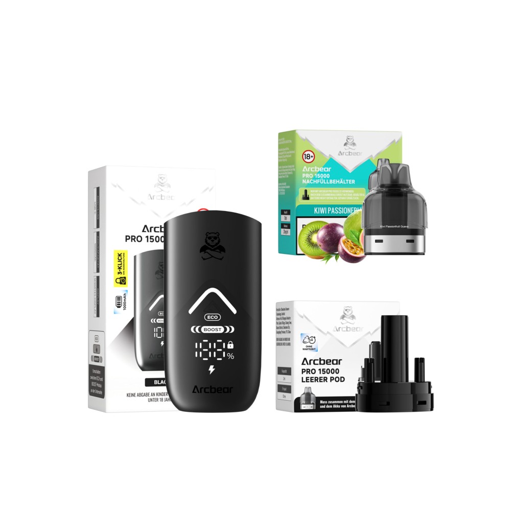 Arcbear Pro 15000 Starter-Kit Akku + Nachfüllbehälter "Kiwi Passionfruit Guava"
