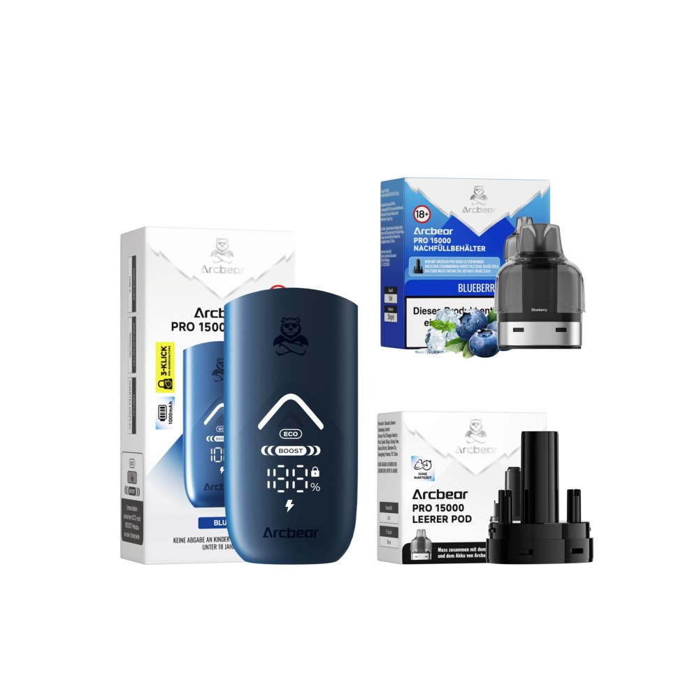 Arcbear Pro 15000 Starter-Kit Akku + Nachfüllbehälter "Blueberry Ice"
