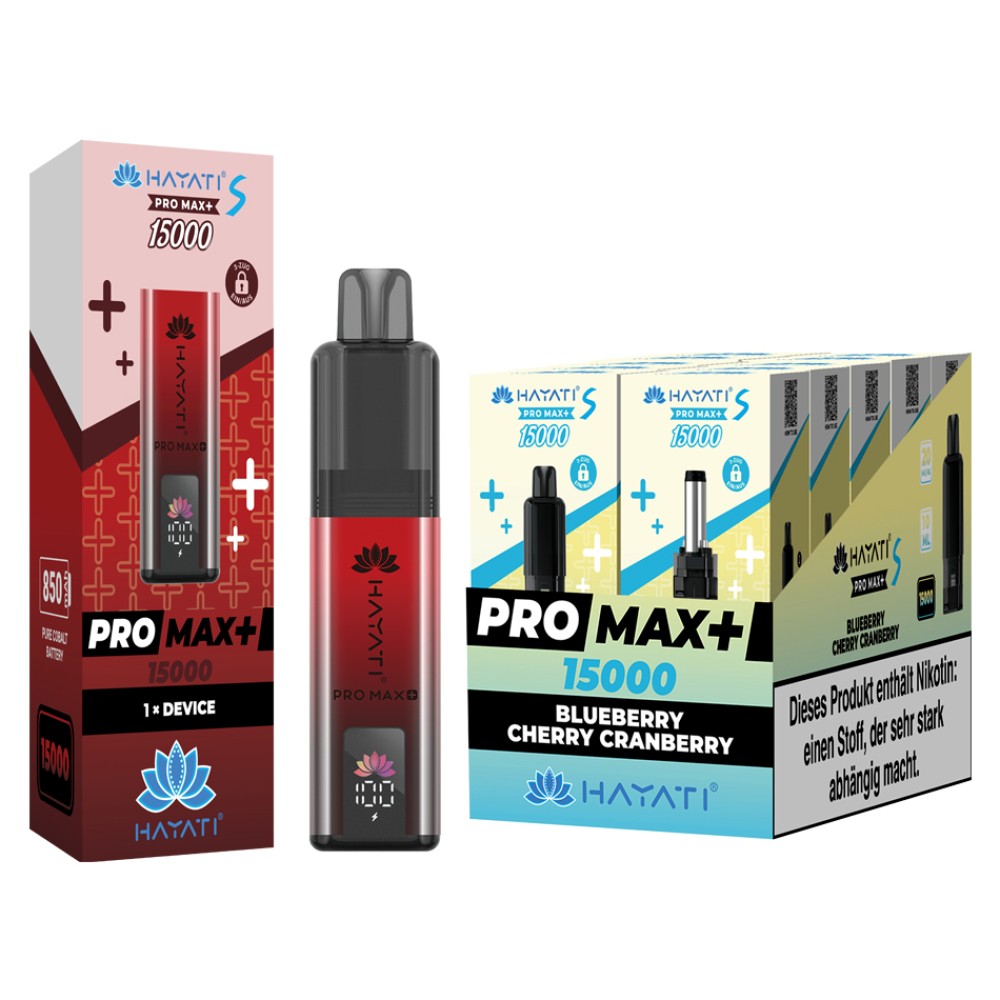Hayati Pro Max Plus S15000-Pod Set + Basisgerät "Blueberry Cherry Cranberry" Hayati Pro Max Plus S15000-Pod Set + Basisgerät "Blueberry Cherry Cranberry"