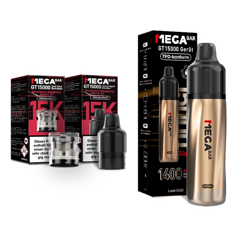 Megabar GT15000 Züge "Luxe Gold - Strawberry Raspberry Cherry Ice" Vape