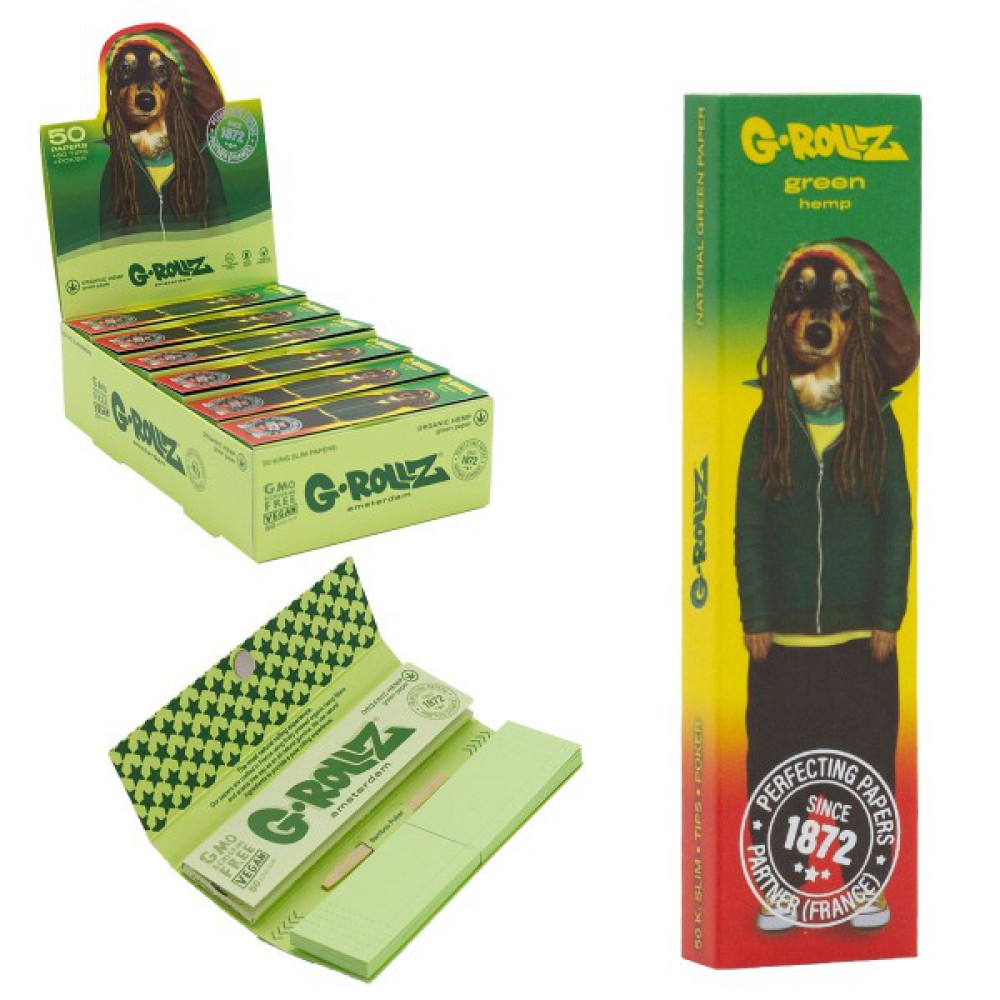 G-Rollz | Pets Rock 'Reggae' Green Hemp - 50 KS Slim Papers + Tips (Display mit 24 Heften)