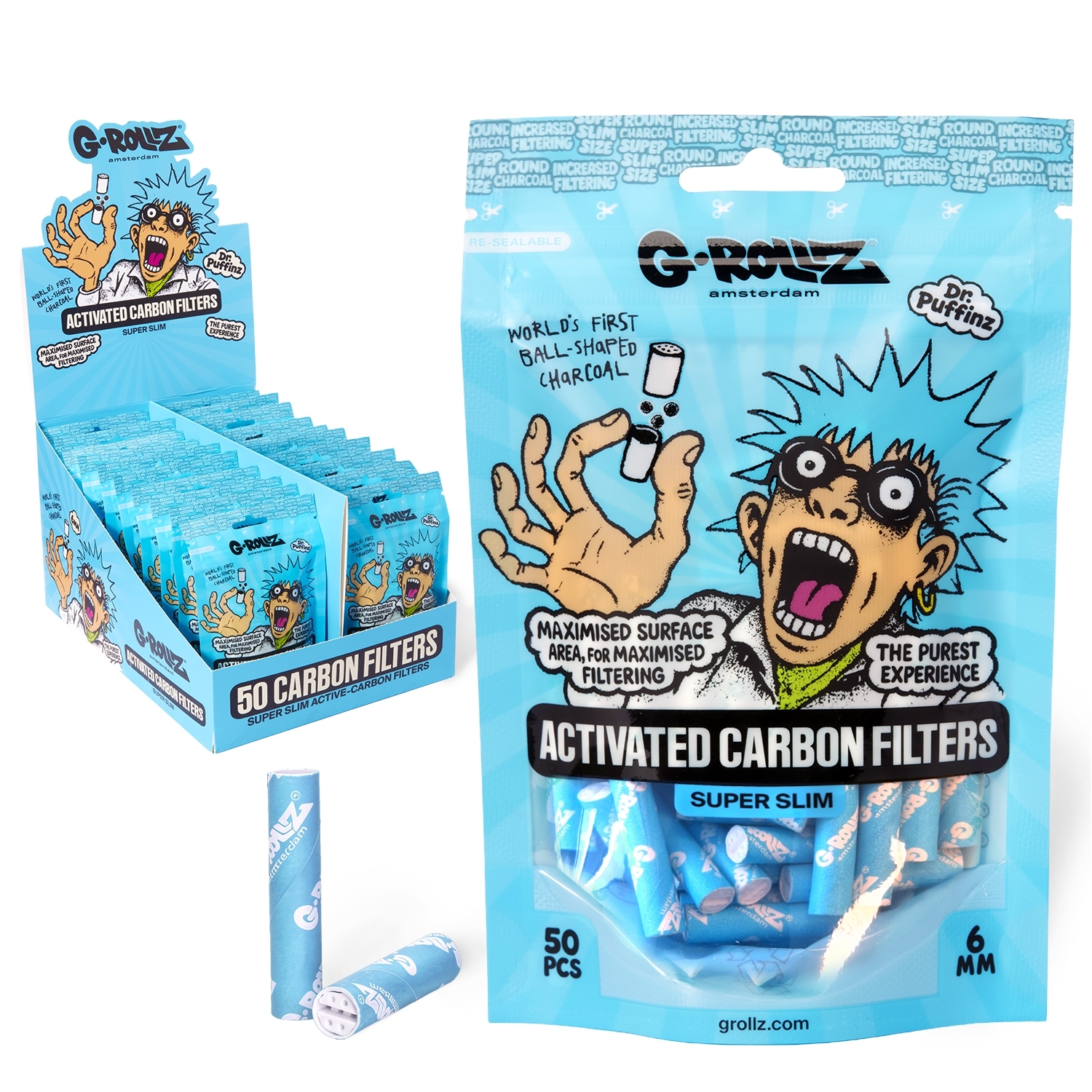 G-Rollz | Activated Carbon Filters - Ø6mm Blau, Pack of 50pcs (24 Packs per Display)