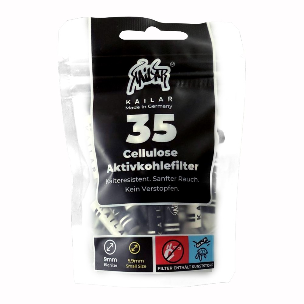 Kailar Zellulose Aktivkohle-FilterSlim ø 5,9mm /Lang 27mm. SCHWARZ. 10er Display a 35 Stück im Beutel 
