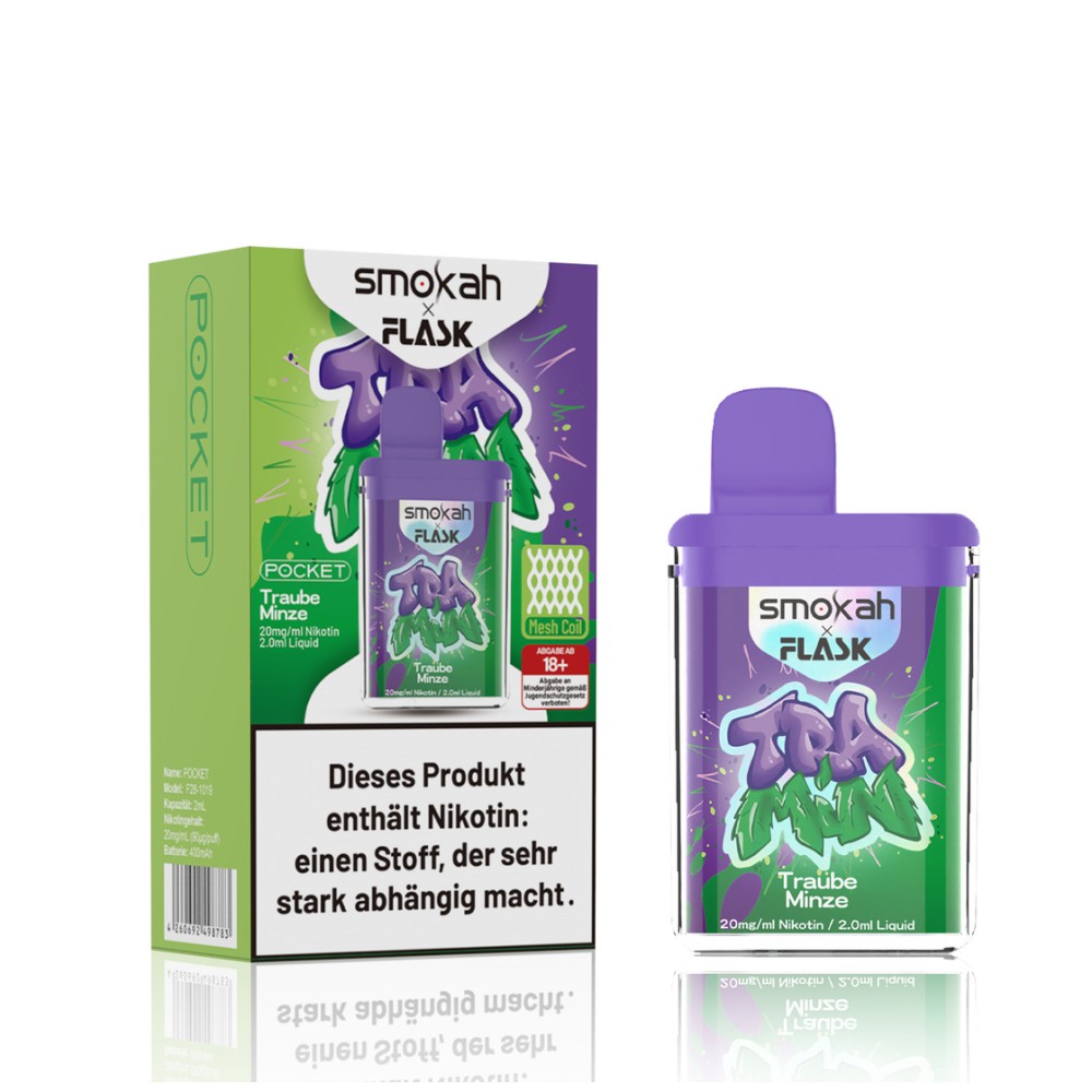 Smokah x Flask Pocket " Traube Minze  " 600 Zuge 2ml Nikotin