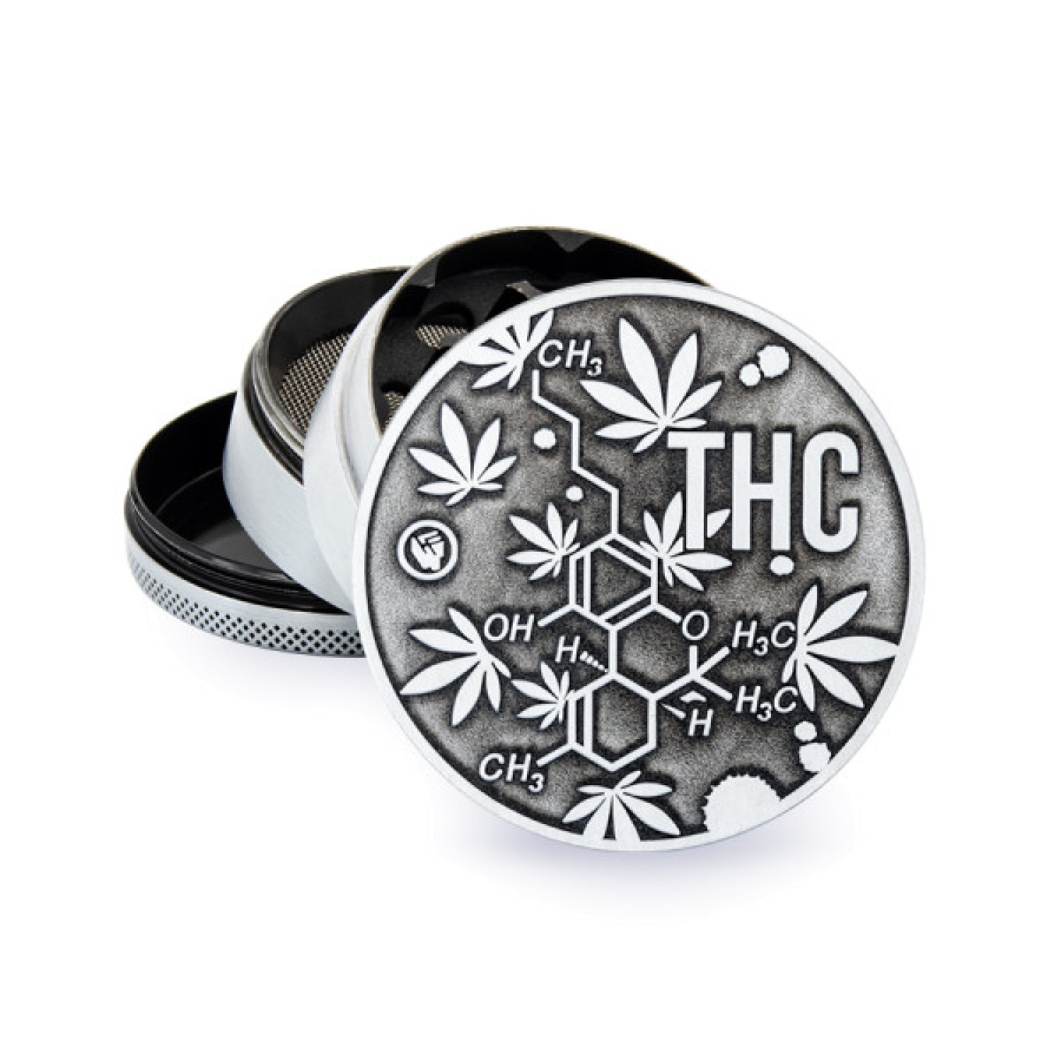 FIRE-FLOW™ Metal Grinder Silver THC Molecules (⌀60 mm / 4-teilig)