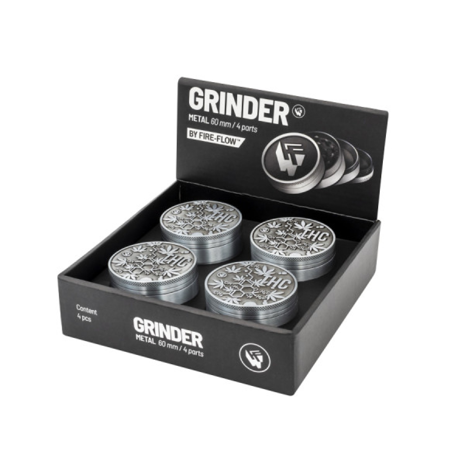 FIRE-FLOW™ Metal Grinder Silver THC Molecules (⌀60 mm / 4-teilig)