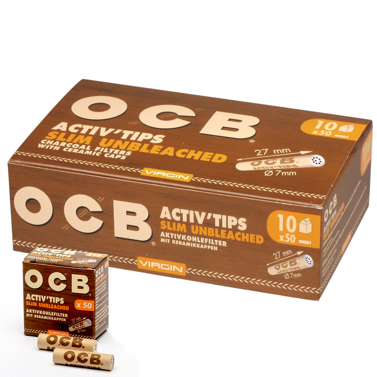 OCB Aktiv Tips Slim Unbleached Ø:7mm L:27mm 10er Box a´50 Filter