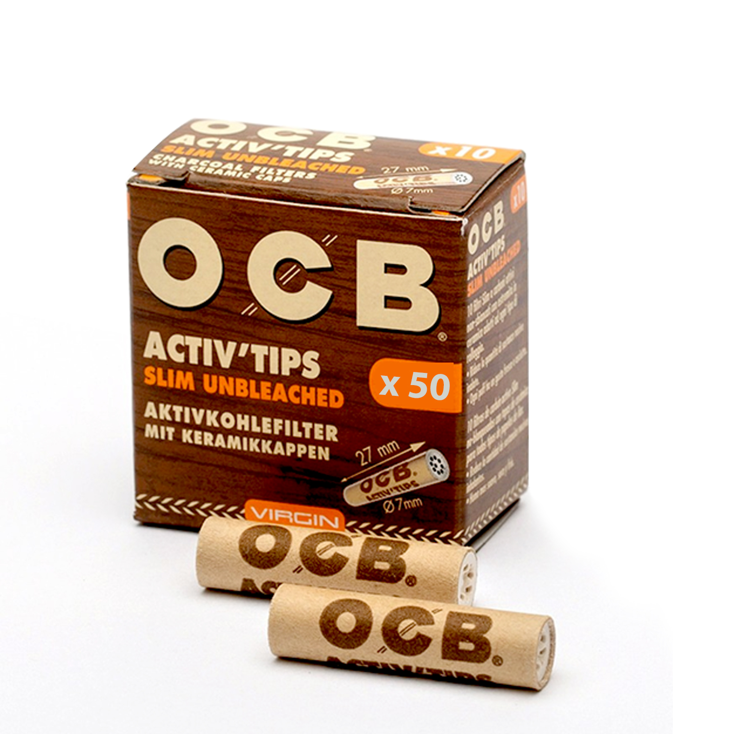 OCB Aktiv Tips Slim Unbleached Ø:7mm L:27mm 10er Box a´50 Filter