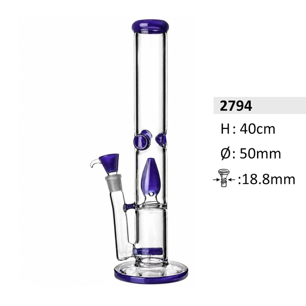 Glasbong mit 2 Perkolator | Zylindrische Form, Blau/Transparent | Höhe: 40 cm, Ø: 50 mm, Schliff: 18,8mm