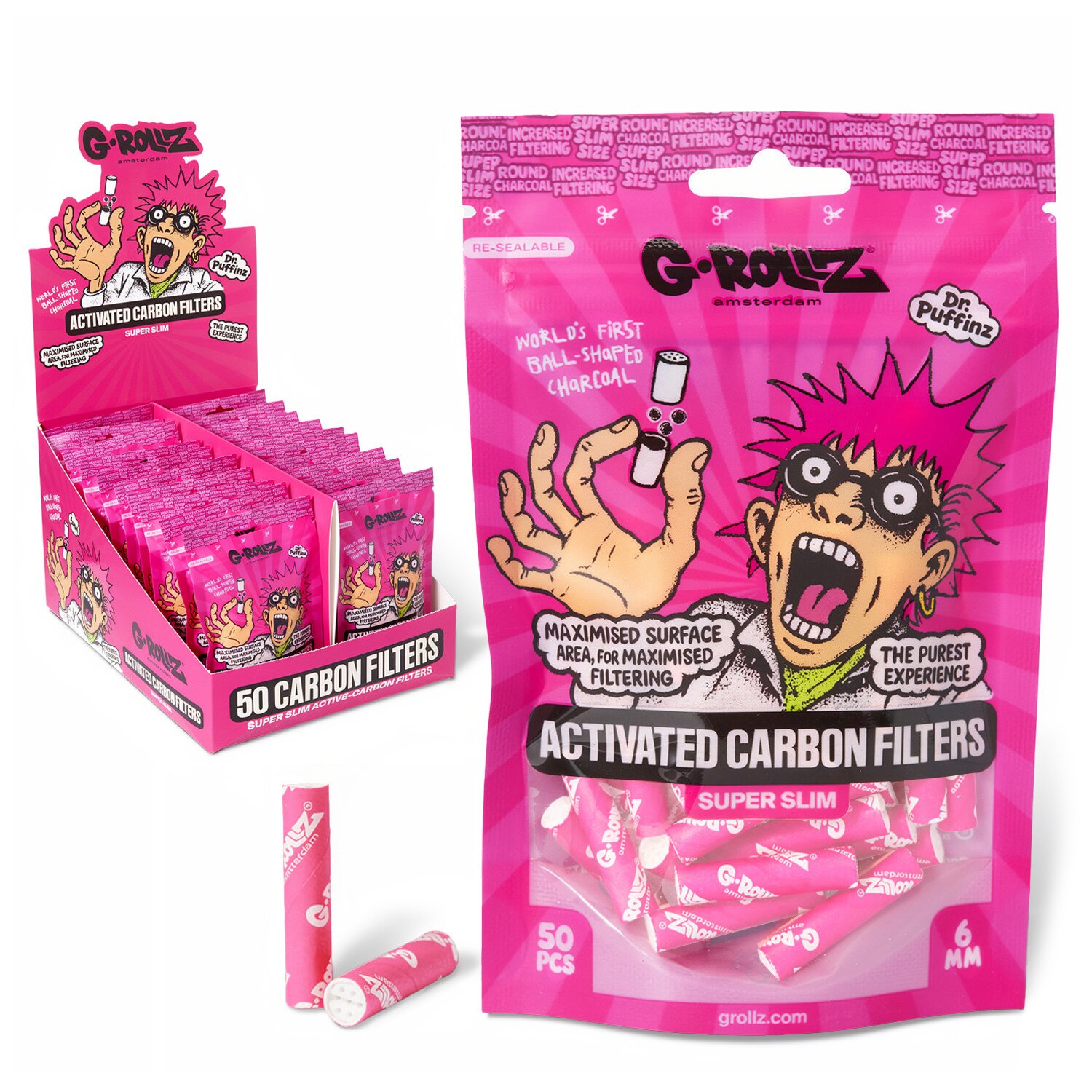 G-Rollz | Activated Carbon Filters - Ø6mm Pink, Pack of 50pcs (24 Packs per Display)