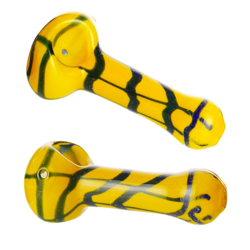 Glaspfeife gelb mit schw. lienen 10cm.mit Kickloch 6er Pack 