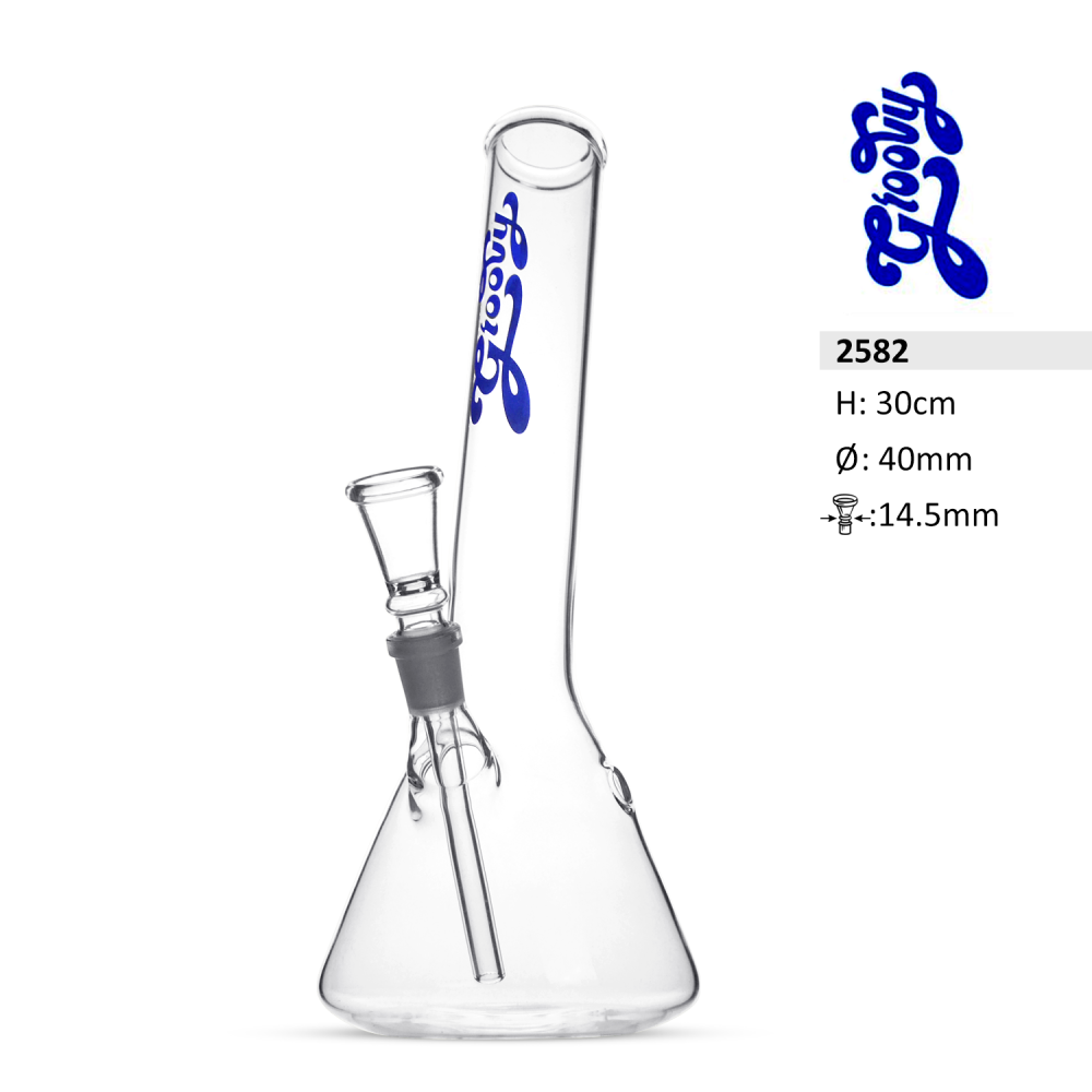 Glasbong Groovy mit Konisch Bauch mit gebogenem Mundstück. Ø=40mm ca.30cm hoch, Chillum 14,5 Schliff